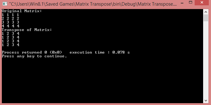 Transpose of Matrix in C